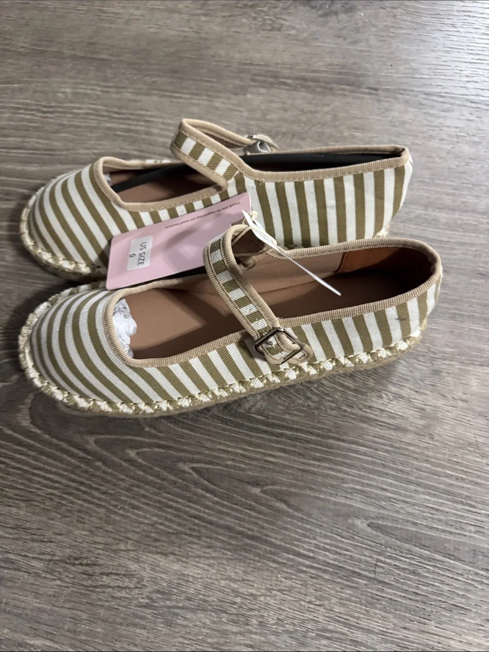 Striped Mary Jane Espadrille Flats in Beige and White